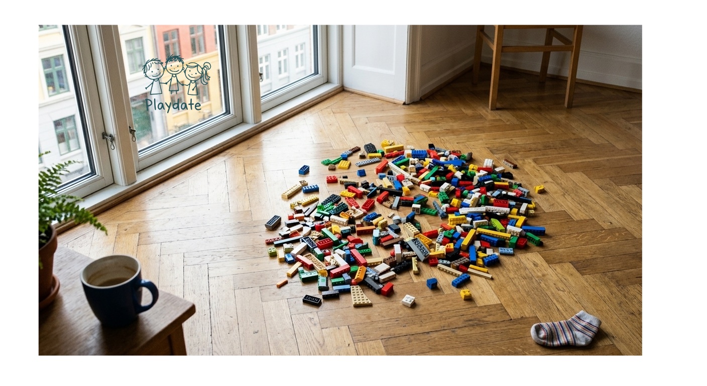 Et barn bygger LEGO lørdag formiddag, mens en forælder overvejer en legeaftale